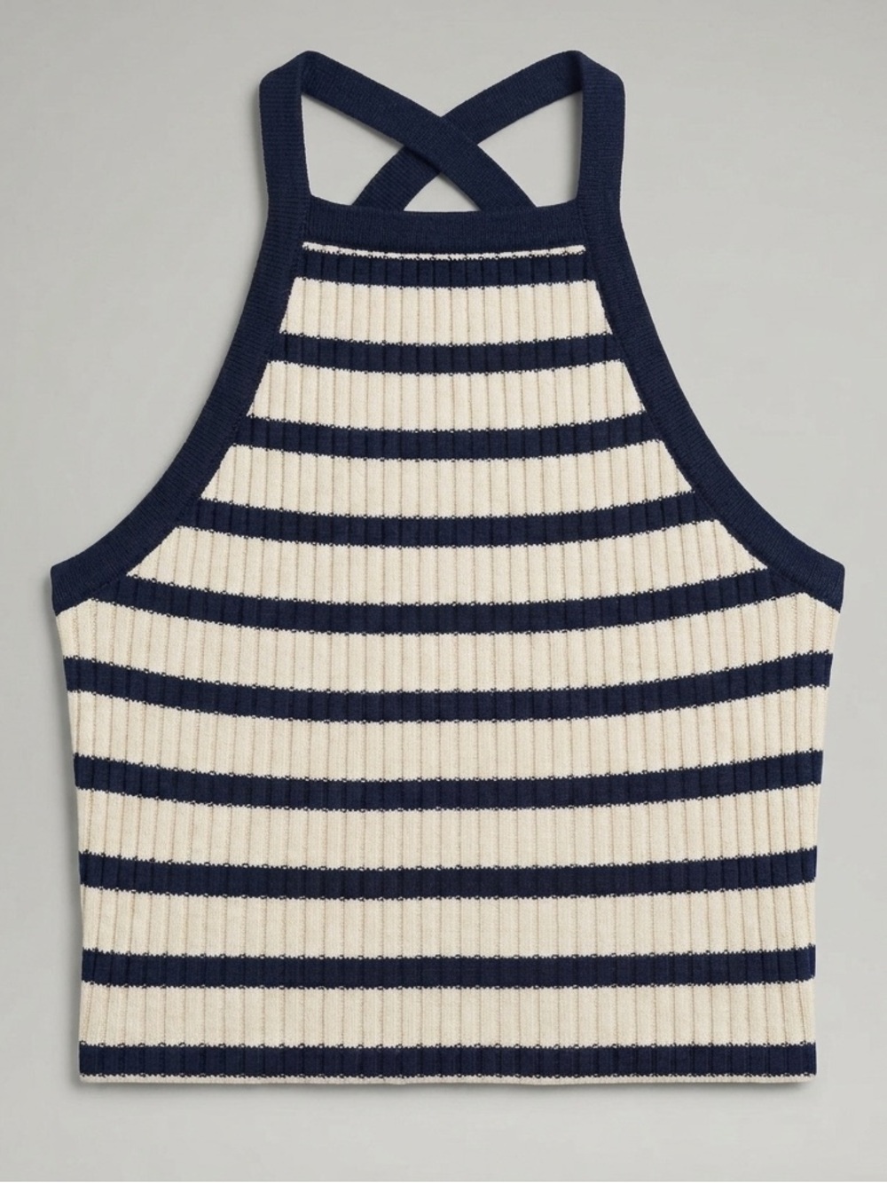 Forever 21 Striped Criss-Cross Halter Tank Top - Cream & Navy - Size Medium